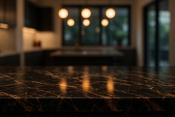 Elegant modern black marble countertop with gold veining in a luxury kitchen setting, beautifully illuminated by warm ambient lighting and blurred interior background

