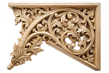 Wood Carving Detail: A detailed shot of an intricate, hand-carved wooden bracket, showing the skill and artistic touch in a decorative architectural element.