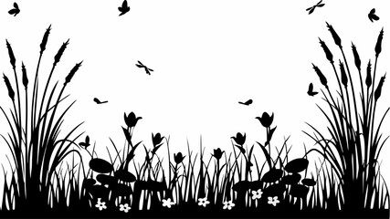 Silhouette of a wetland scene with cattails flowers dragonflies and butterflies in black and white style editable vector eps,ai