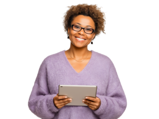 Mature African-American woman wearing purple sweater and holding a digital tablet, isolated on white or transparent background