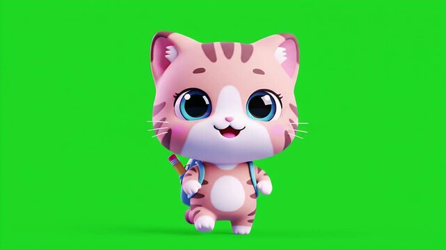 Charming 3D Cartoon Cat Pink Stripes Cute School Bag and Green Screen Animation Stands Playful Render Featuring Big Blue Eyes and Pencil Accessory Perfect Isolated Element