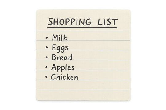 Sticky note pad listing groceries including milk, eggs, bread, apples, and chicken, isolated on a transparent background