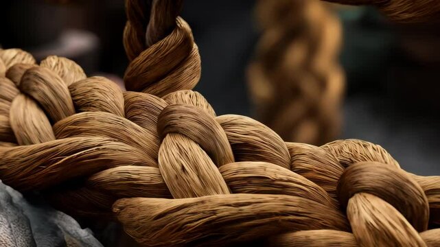 Detailed view of braided rope construction, showcasing intricate fiber patterns and the secure intertwining of the strong, brown natural strands.