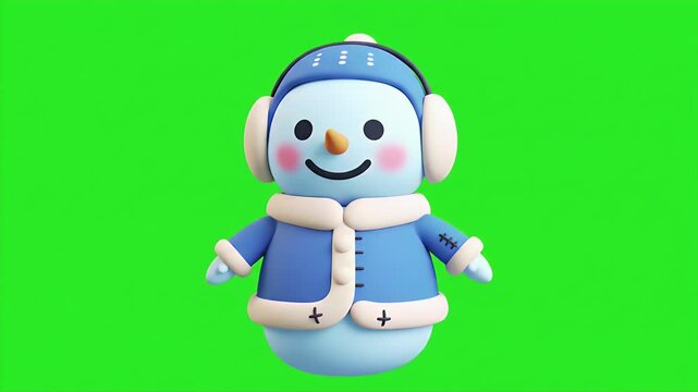 Cartoon Snowman Isolated by Green Screen in Cute 3D Render Style Wearing Winter Hat and Earmuffs and Blue Jacket for Holiday Celebration