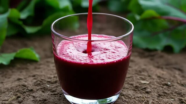 Pouring vibrant red juice into a clear glass on soil with green leaves in background