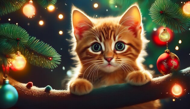 Katzenbaby r&auml;umt Weihnachtsbaum ab