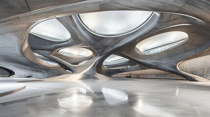 Sleek Harmonies: 3D Illustrations of Abstract Minimalist Architectural Backgrounds – Geometric Buildings Woven with Wave Curves and Metallic Textures. Dive into a visual universe where precision meets