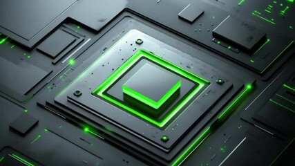 Futuristic technology animation displaying a luminous green chip on a dark surface