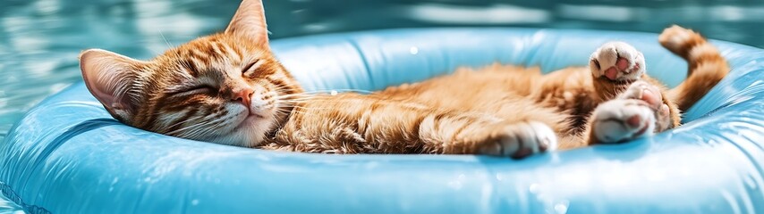 Ginger cat relaxing on inflatable ring in pool