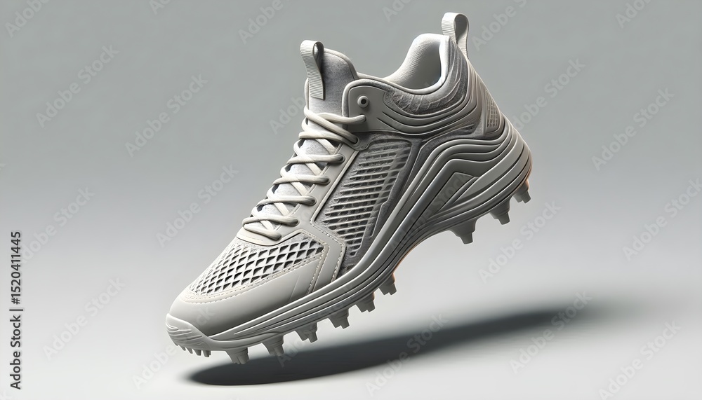 Poster 3D render of softball cleats floating above soft drop shadow with textured outsole and laces, isolated on light gray background