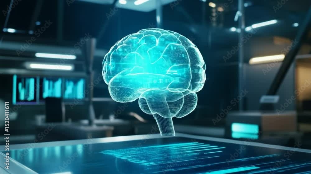 Poster digital brain interface concept in modern technology lab for neurological research