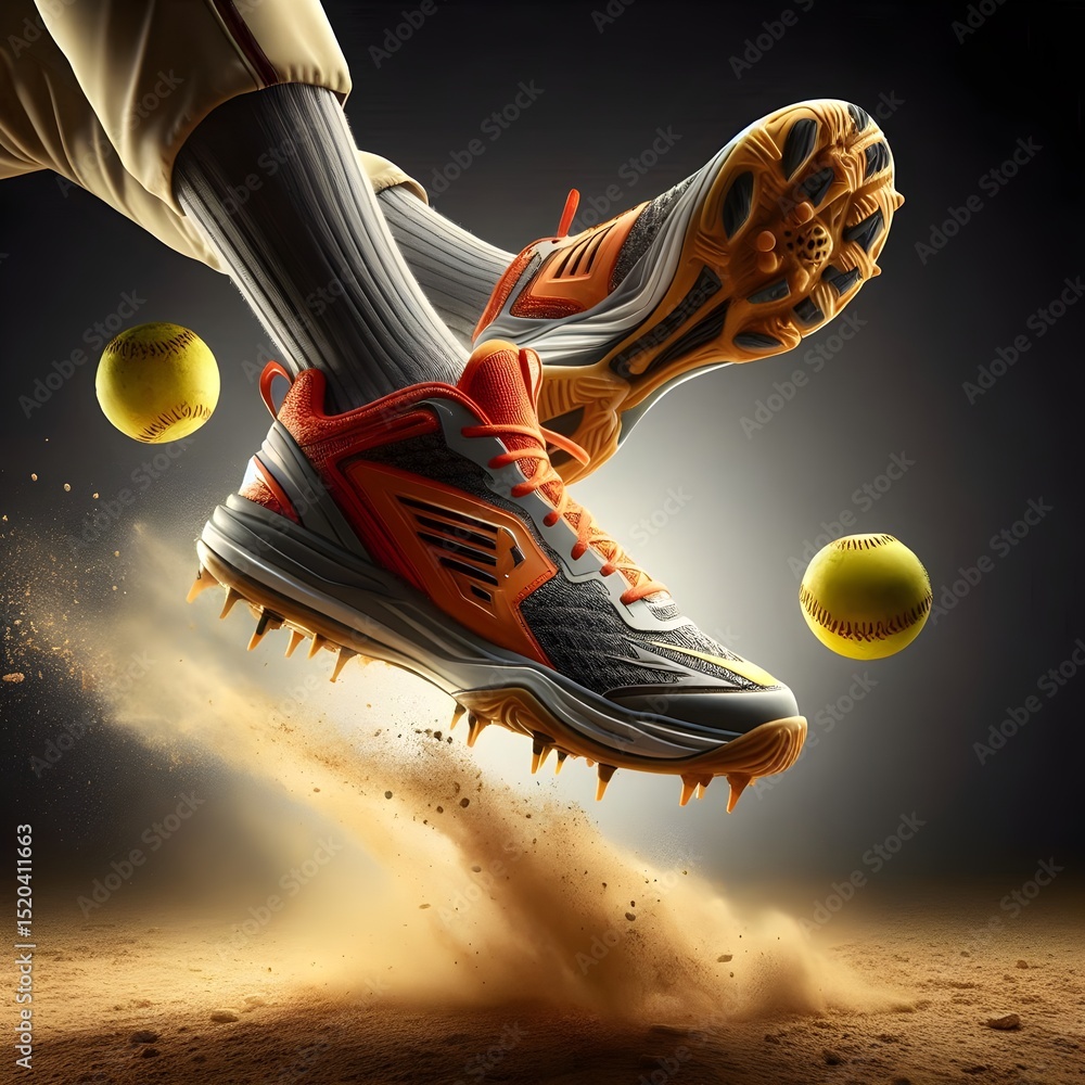 Poster realistic 3d rendering of softball sports cleats with textured surface, floating on gray background 
