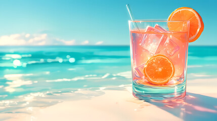 Beachside Bar Pink Cocktail with Orange Slice: Summer Fun Design Element