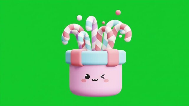 Cute Winking Pink Container Filled with Pastel Candy Canes in 3D Rendered Cartoon Style Isolated on Green Screen