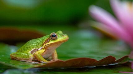 Obraz premium Beautiful Green Frog on Water Lily: Macro Wildlife Photography in a Serene Pond Habitat