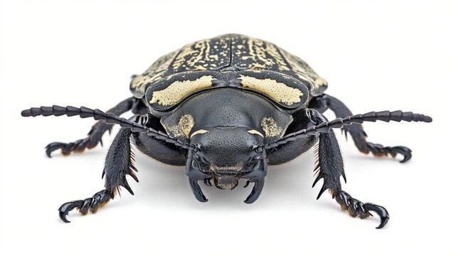 Close-up view of a unique black and gold beetle showcasing intricate patterns and textures