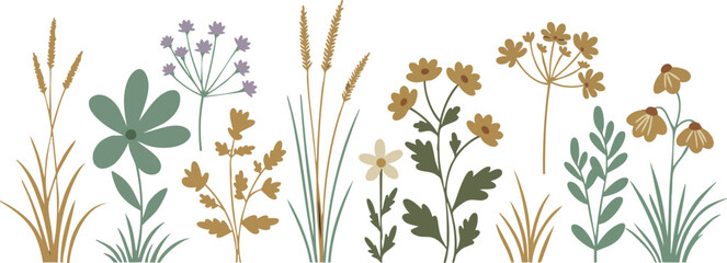 Wildflowers and Grasses Vector Illustration with Yellow and Green Tones for Nature Design 