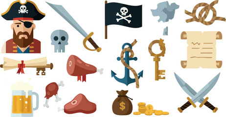 Pirate with treasure map and pirate-themed icons vector illustration 