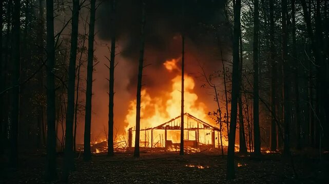 Forest Fire Engulfing Wooden Cabin with Tall Trees and Smoke in the Night