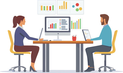 Casual people analyzing data .Three businesspeople illustration
