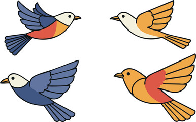 Fototapeta premium Colorful flying birds vector illustration with blue and orange wings in flight position 