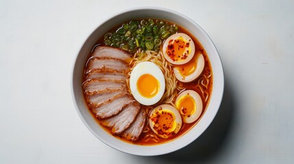 A minimalistic yet artistic presentation of a single ramen bowl, filled with spicy miso broth, thinly sliced chashu pork, a perfectly runny soft-boiled egg, and a swirl of chili oil, 