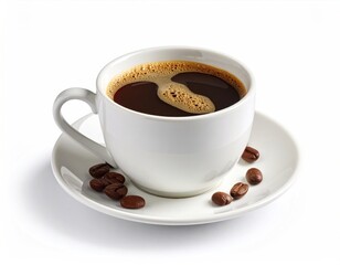 A Cup of Black Coffee with Coffee Beans on White Background
