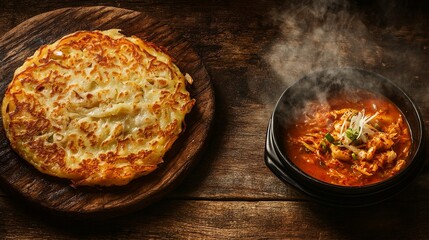 A rustic wooden table showcases a sizzling hot Korean seafood pancake (haemul pajeon) with crispy golden edges, drizzled with a light soy-based dipping sauce, 