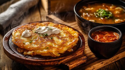 A rustic wooden table showcases a sizzling hot Korean seafood pancake (haemul pajeon) with crispy golden edges, drizzled with a light soy-based dipping sauce, 