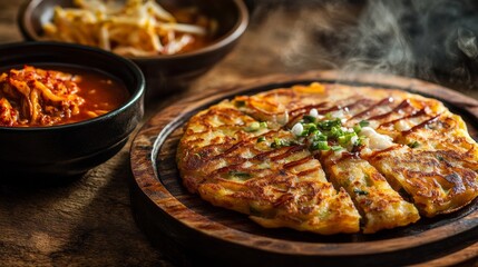 A rustic wooden table showcases a sizzling hot Korean seafood pancake (haemul pajeon) with crispy golden edges, drizzled with a light soy-based dipping sauce, 