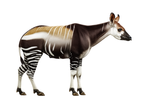Okapi (Okapia johnstoni), forest giraffe or zebra giraffe, artiodactyl mammal native, Congo, Central Africa, beautiful animal with white stripes on transparent background - Powered by Adobe