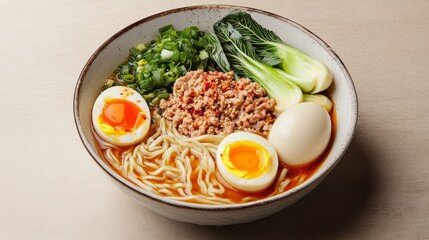 A single-serving bowl of Japanese tantanmen ramen with spicy sesame broth sits in the center of a neutral-colored background, garnished with minced pork, soft-boiled egg, 