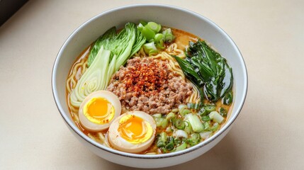A single-serving bowl of Japanese tantanmen ramen with spicy sesame broth sits in the center of a neutral-colored background, garnished with minced pork, soft-boiled egg, 