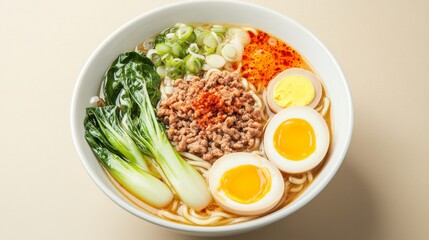 A single-serving bowl of Japanese tantanmen ramen with spicy sesame broth sits in the center of a neutral-colored background, garnished with minced pork, soft-boiled egg, 