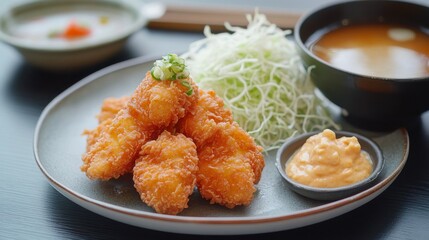A sleek, contemporary restaurant scene with a plate of Japanese karaage (crispy fried chicken) served with a side of spicy yuzu mayo, finely shredded cabbage