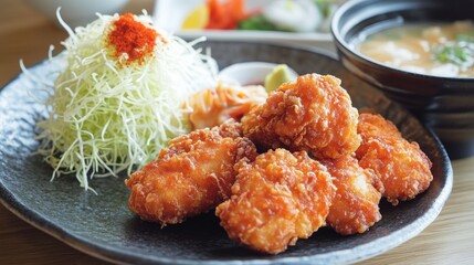 A sleek, contemporary restaurant scene with a plate of Japanese karaage (crispy fried chicken) served with a side of spicy yuzu mayo, finely shredded cabbage
