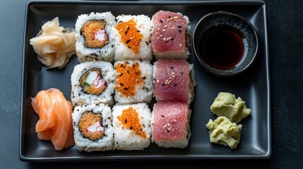A spacious, clean-cut top-down view of a Japanese sushi platter featuring spicy tuna rolls, salmon sashimi, and nigiri, arranged neatly on a minimalist black ceramic plate, 