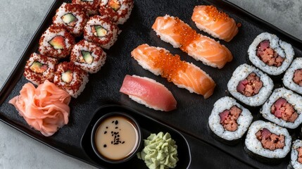 A spacious, clean-cut top-down view of a Japanese sushi platter featuring spicy tuna rolls, salmon sashimi, and nigiri, arranged neatly on a minimalist black ceramic plate, 
