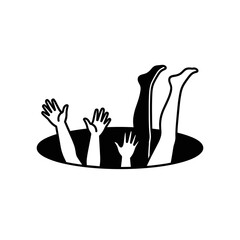 Obraz premium Black and White Minimalist Illustration of Hands and Legs Falling into a Hole