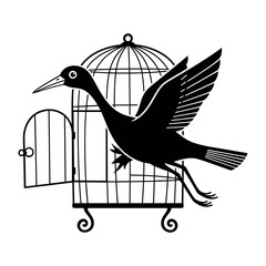 Fototapeta premium Black Bird Escaping Open Cage Black and White Flight Illustration