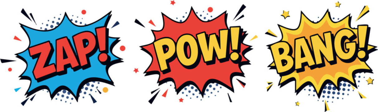 Comic Style Sound Effects Zap Pow Bang in Colorful Speech Bubbles Vector Illustration 