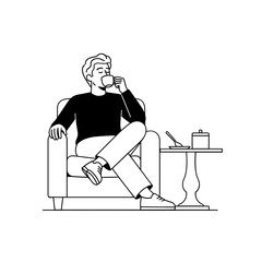 Obraz premium Man Relaxing in Armchair with Coffee Mug Line Art Illustration