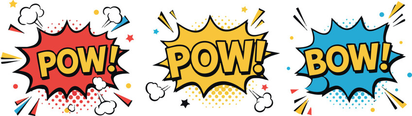 Fototapeta premium Comic Style Sound Effects Pow Pow Bow Bright Red Yellow Blue Vector Illustration 