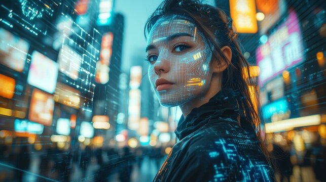 Futuristic interaction with digital technology urban cityscape portrait photography nighttime close-up cyber culture