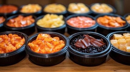 A traditional Korean street food stall setup with multiple small black bowls filled with different varieties of tteokbokki--classic spicy, rose cream, and black bean sauce