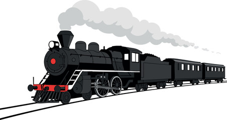Obraz premium Vintage black steam locomotive train with carriages on railway vector illustration 