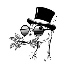 Stylish Duck in Top Hat and Sunglasses Holding Leaves Black and White Illustration