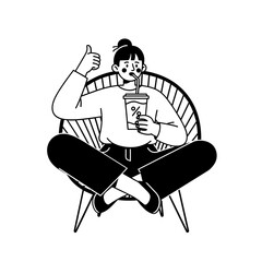 Woman Sitting in a Chair Drinking from a Cup with Thumbs Up Black and White Illustration
