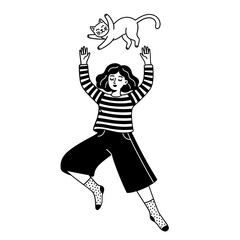 Woman Playing with Cat Black and White Line Art Illustration