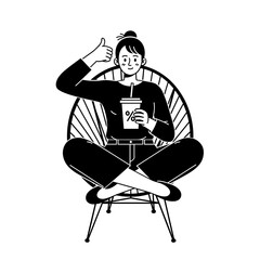 Woman Sitting in Chair with Drink, Giving Thumbs Up, Black and White Illustration